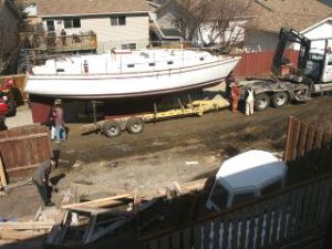 Boat lifted on trailer for trip to coast